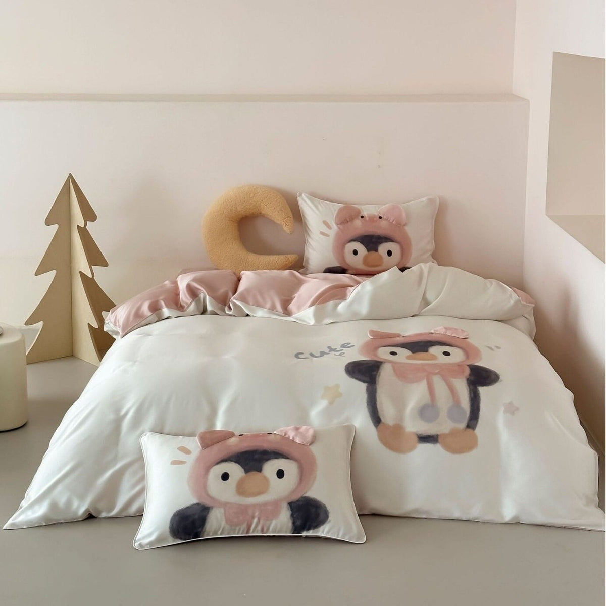 Kinder-Bettwäsche-Set mit niedlichem Pinguin-Motiv aus weichem Baumwollsatin und extraweichem Kopfkissen