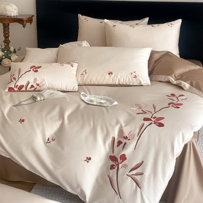 Luxuriöse Satin Floral Gestickte Bettdeckenbezug und Kissenbezug Set
