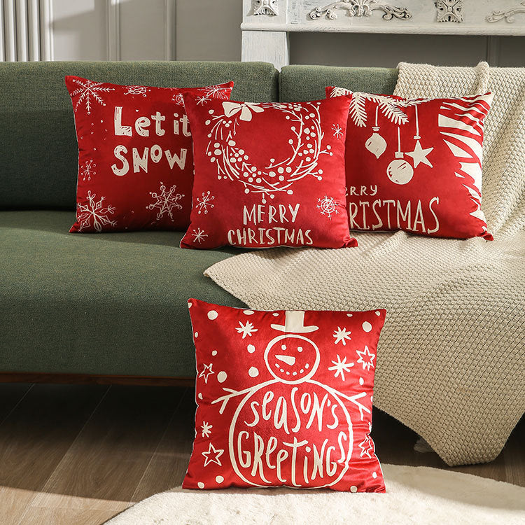 Festliches Samt Quadratisches Kissenbezug mit Schneemann Saisonaler Schrift
