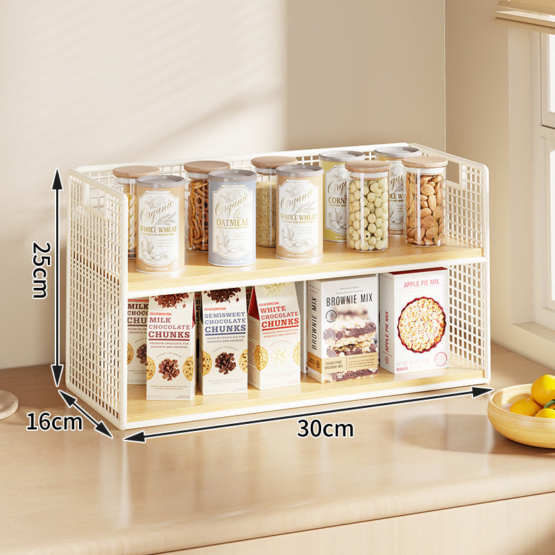 Multi-Ebenen Drahtgitter Arbeitsplatten Vorratsraum Organizer mit Holzregalen und Korb