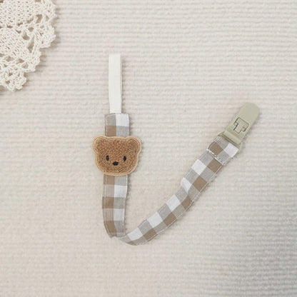 Baumwoll-Gingham-Schnullerclip mit plüschigem Bärenapplikation und Schnellverschluss-Sicherheitsclip