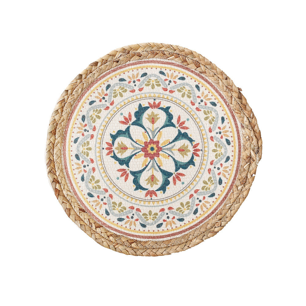 Rundes gewebtes Tischset aus Jute mit Mandala-Baumwollauflage Brehn