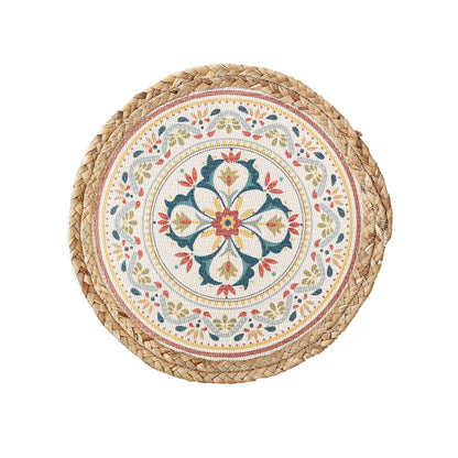 Rundes gewebtes Tischset aus Jute mit Mandala-Baumwollauflage Brehn