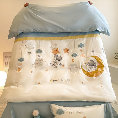 Verspieltes Bettwäsche-Set aus Baumwollsatin mit applizierten Cartoon-Motiven, Volant-Rüschen und dekorativen Kissenbezügen Brehn