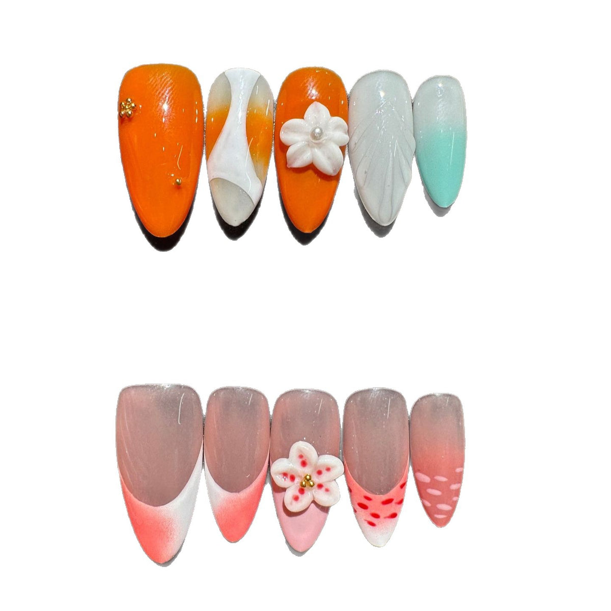 Künstlerisches Press-On Nagelset mit floralen und gradienten Akzenten