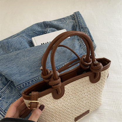 Woven Straw Tote-Handtasche mit Lederakzenten