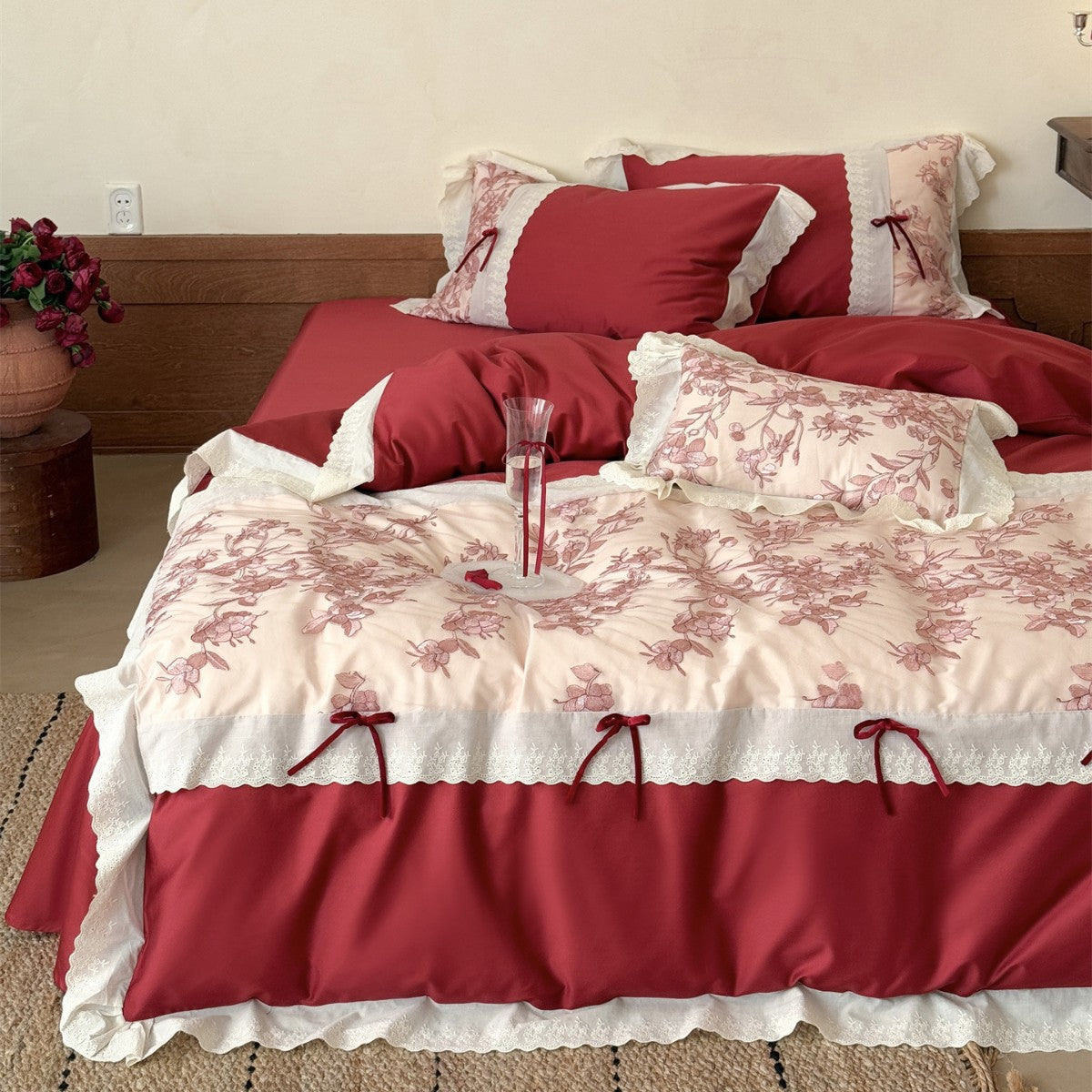 Baumwoll-Satin Bestickte Floral-Spitzenrand Bettwäsche Set
