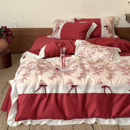 Baumwoll-Satin Bestickte Floral-Spitzenrand Bettwäsche Set