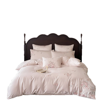 Vintage Rose Bestickte Satin Bettbezug Ensemble mit Wellenrand aus Spitze