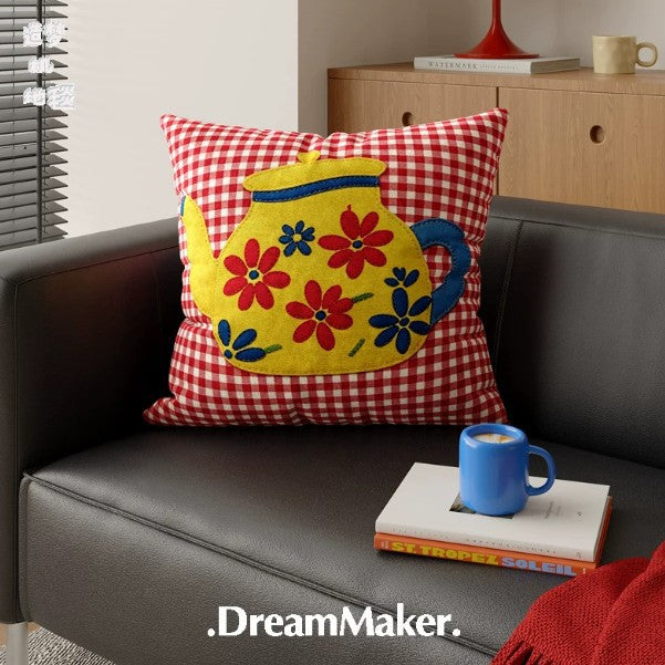 Decorative Gingham Appliqué Coffee Cup Throw Pillow Cover