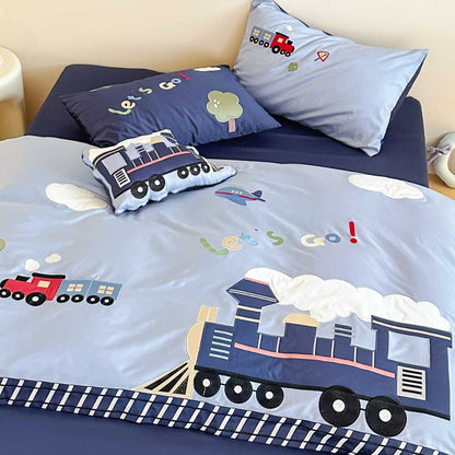 Kinder Zug Applikation Baumwolle Bettbezug und Kissenbezug Bettwäsche Set