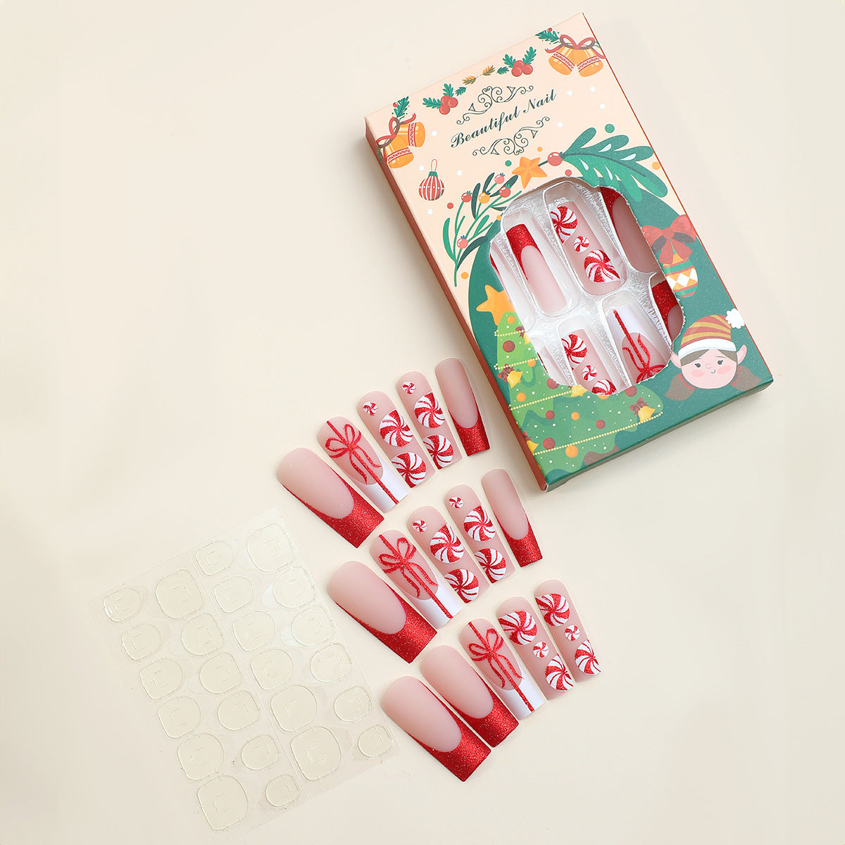 Kunstnagelset mit festlichem Zuckerstangen-Design und Glitzerakzenten Brehn