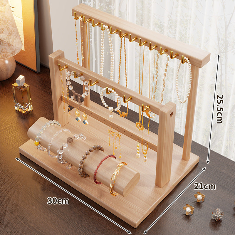 Holz-Dual-Tier-Schmuck-Organizer-Ständer mit Halskettenhaken und Armband-Präsentationsstange