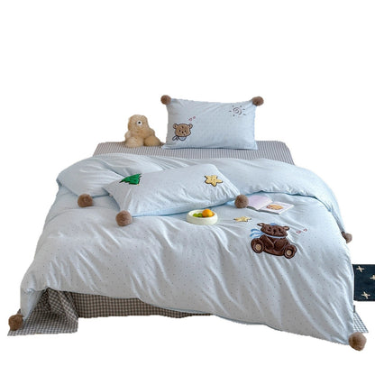 Plüsch Bestickter Bären Bettdeckenbezug Set mit Pom-Pom Ecken