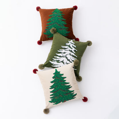 Dekorativer Samt-Kissenbezug mit handgetuftetem Tannenbaum, Pompon-Ecken und Perlenapplikation Brehn