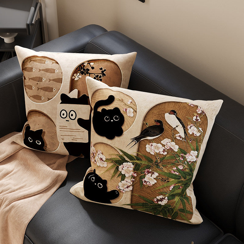 Plush Velvet Decorative Square Throw Pillow Cover with Cartoon Dog Family Illustration and Hidden Zipper