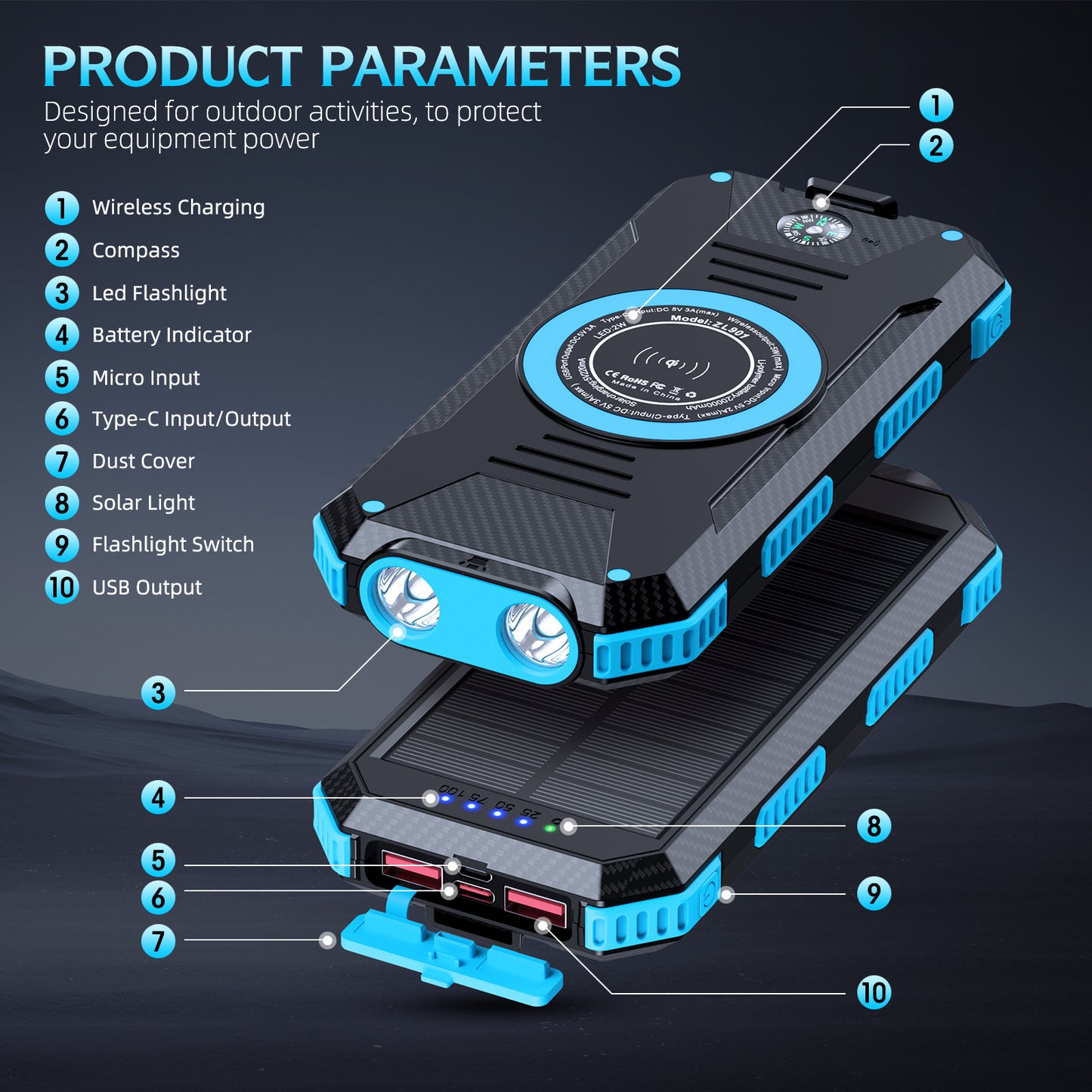 Solar Powerbank mit Kabelloser Ladefunktion Brehn