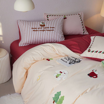 Wendbares Baumwollsatin-Bettwäsche-Set mit gestickten Winter- und Weihnachtsapplikationen