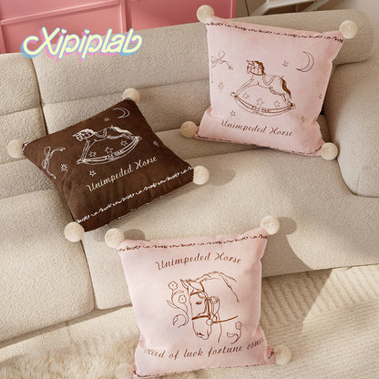 Velvet Pom-Pom Corner Decorative Throw Pillow Cover with Hand-Drawn Rocking Horse Motif