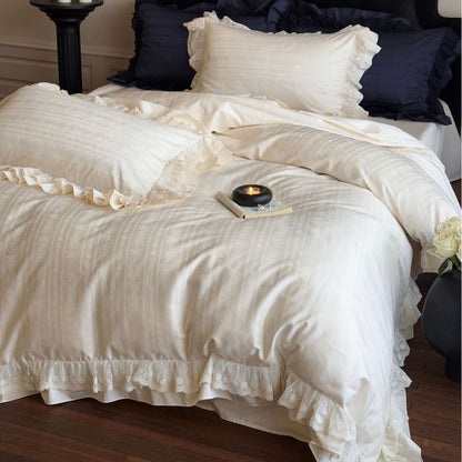 Vintage-inspiriertes Rüschensatin-Jacquard-Bettbezug-Set