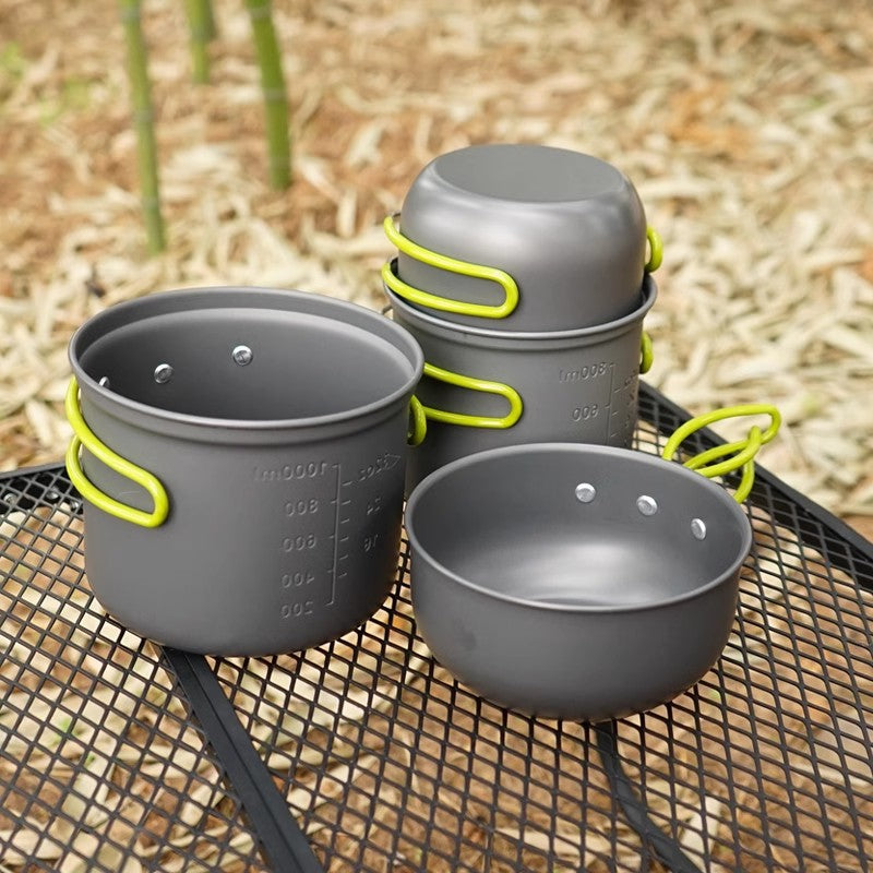 leichtes stapelbares anodisiertes Camping-Kochgeschirr-Set mit faltbaren Silikongriffen und Maßmarkierungen Brehn