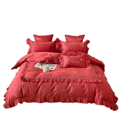 Romantisches Satin-Bettwäsche-Set mit Volants, feiner Blumenstickerei und Wendekissen