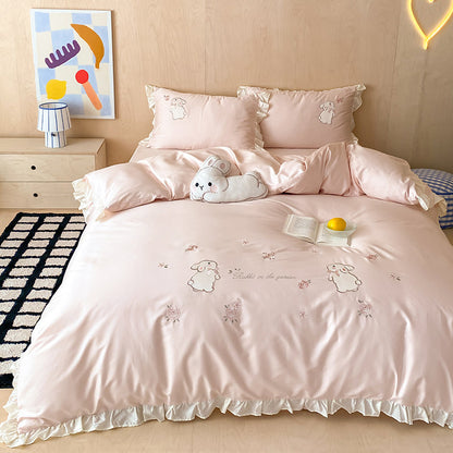 Besticktes Baumwoll-Satin Rüschenset mit Hasenmotiv
