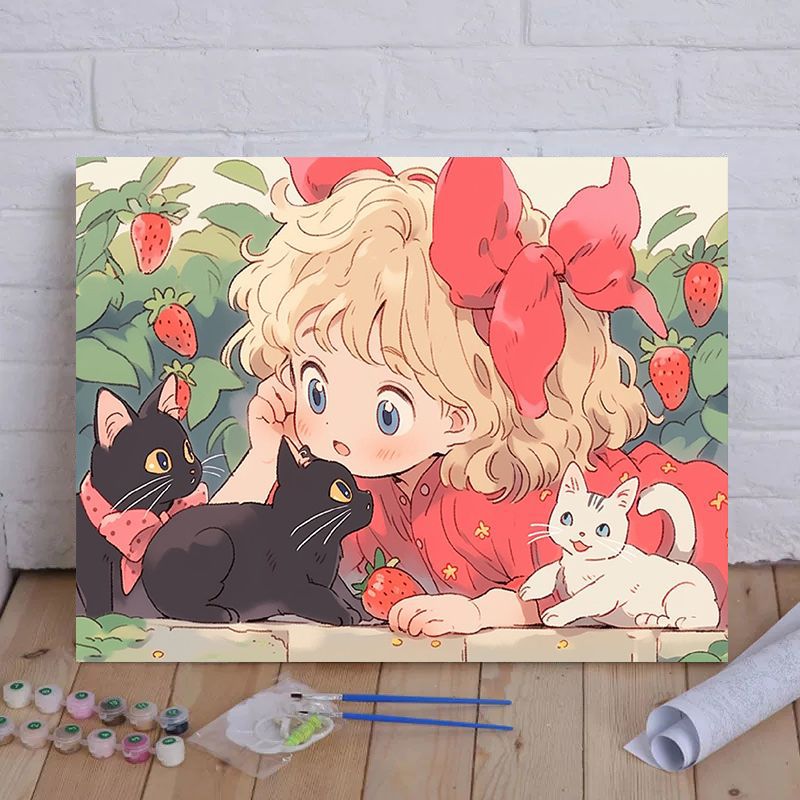 Cartoon Cat und Mädchen Themenleinwand Malset nach Zahlen Brehn