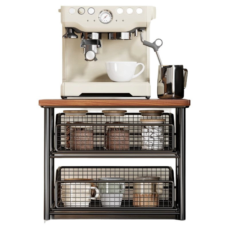 Kompakte Zwei-Ebenen-Countertop-Kaffee-Station-Organizer mit Holzoberfläche und herausziehbaren Drahtgitterkörben