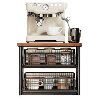 Kompakte Zwei-Ebenen-Countertop-Kaffee-Station-Organizer mit Holzoberfläche und herausziehbaren Drahtgitterkörben