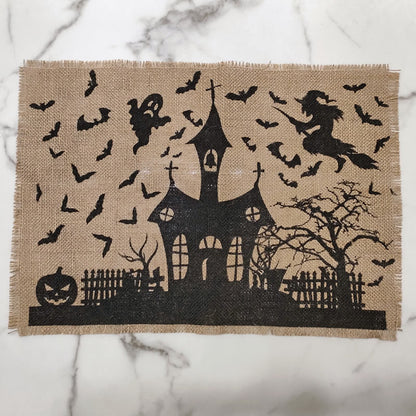 Jute-Tischläufer Halloween Spukhaus-Print mit Fransenrand