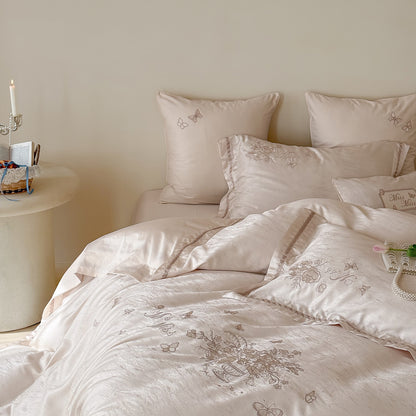 Bestickte Satin-Mischung Bettdeckenbezug Bettwäsche Set mit Rüschensaum und dekorativen Kissenbezügen