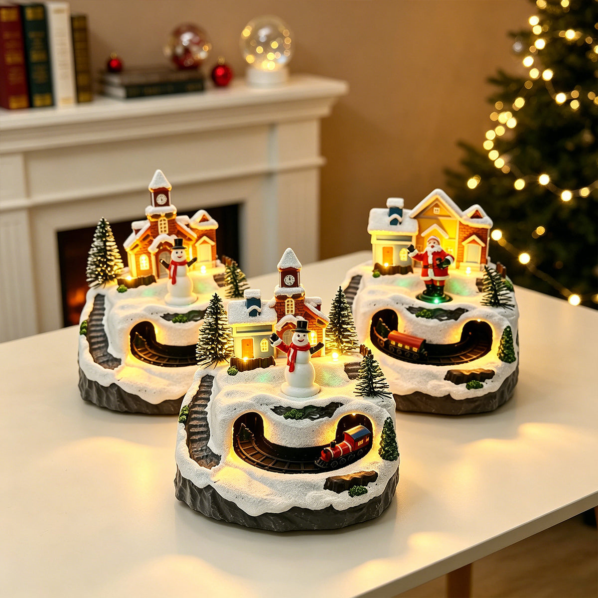 Bewegliches Weihnachtsdorf mit Lichtern und Schneemann Brehn