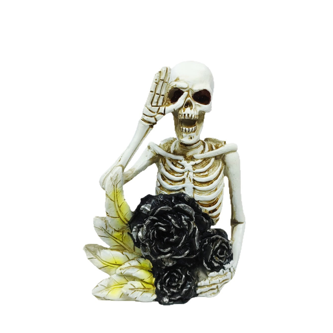 Stilvolle Skelettfigur mit Zylinder und schwarzer Rose Brehn