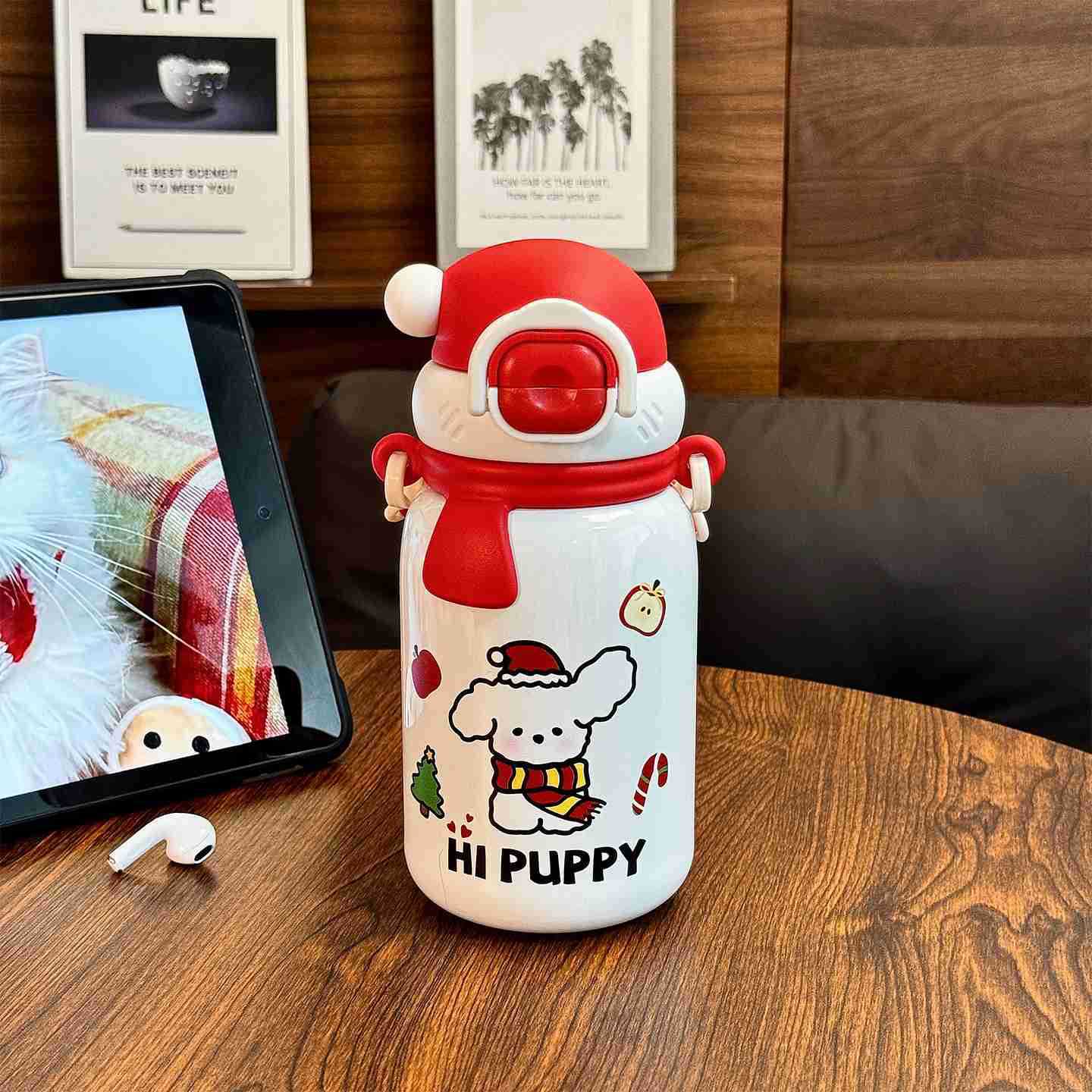 Damen isolierte Trinkflasche mit sicherem Klappdeckel und verspieltem Hunde-Design Brehn