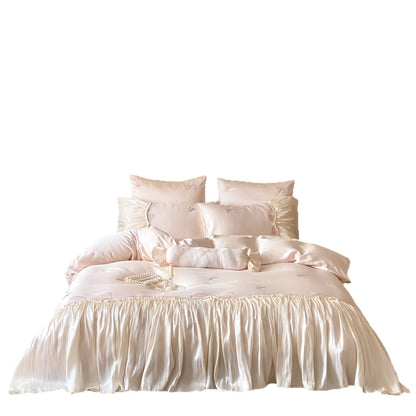 Seidiger Satin besticktes Bogen Bettbezug Set mit Rüschenschonern & Bolster