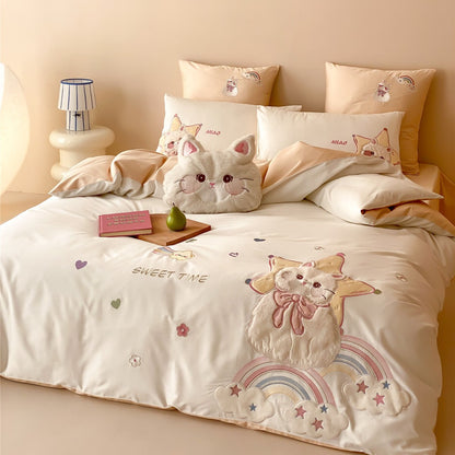 Plüschgesticktes Baumwollsatin Bettwäsche Set mit Katzenmotiv