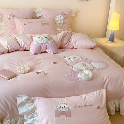 Rüschensatin Bettwäsche Set mit Plüsch-Katzenapplikation