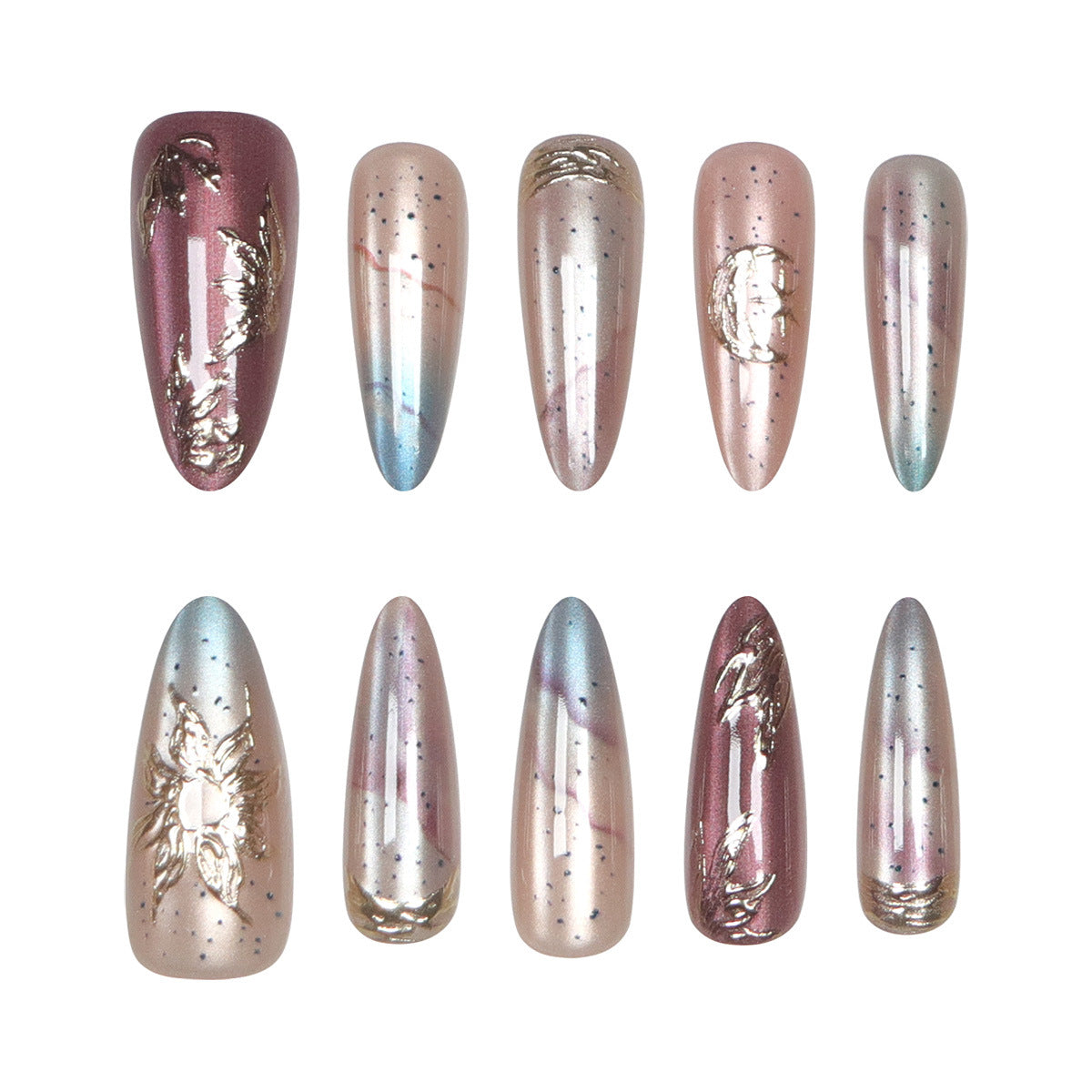 Elegante Stiletto Press-On Nagelset mit metallischen Akzenten Brehn