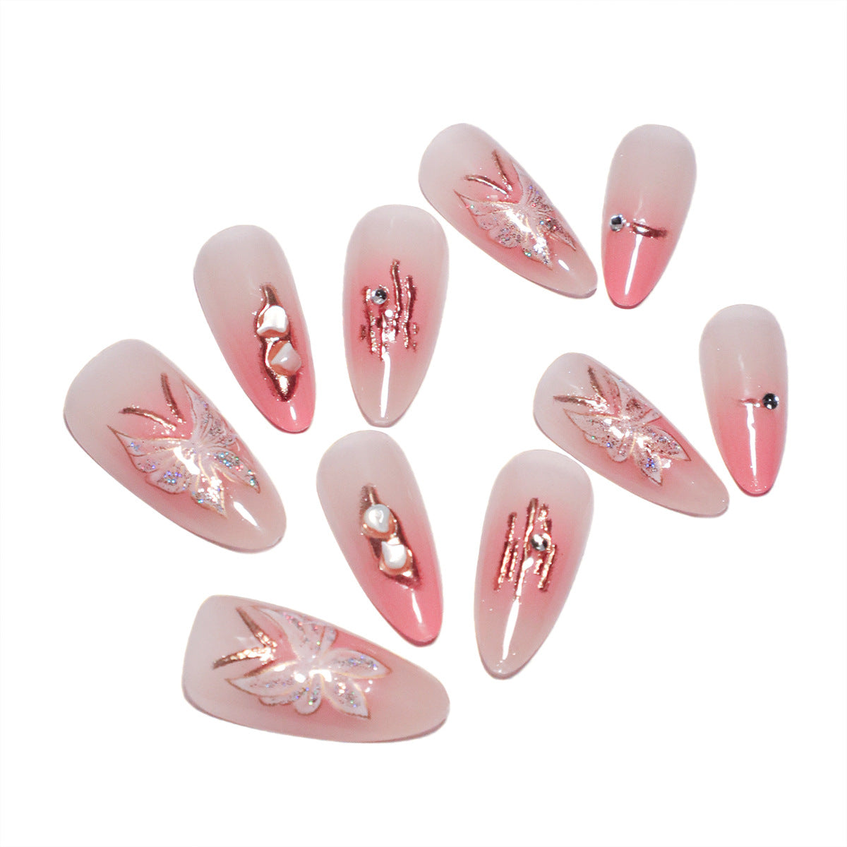 Künstliche Nagelverlängerungen mit floralen Motiven und Glitzerakzenten Brehn