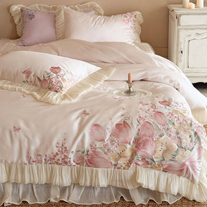 Gerüschtes Satin-Feeling Blumenbesticktes Bettbezug-Set mit Faltenrüschensaum