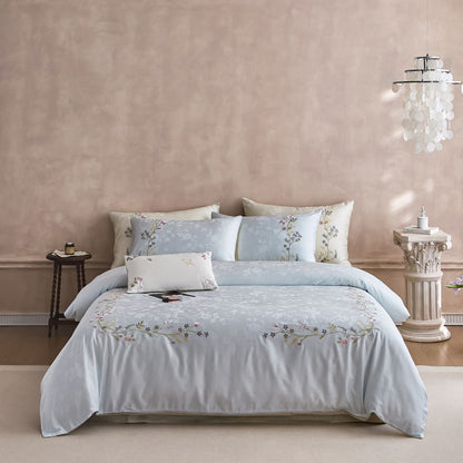 Satin-Bettbezug-Set mit feiner Blumenstickerei und Jacquardstruktur