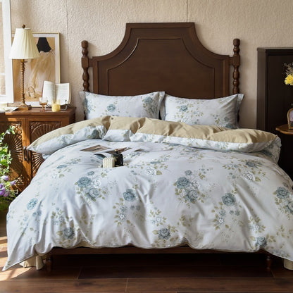 Bettwäsche-Garnitur aus Baumwollsatin mit floralem Aquarellrosen-Print und Wendefunktion