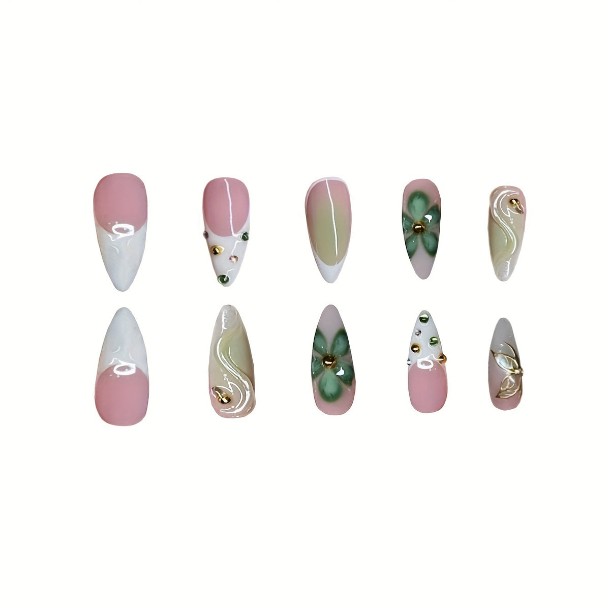 Künstlerisches Press-On Nageldesign mit floralen Elementen Brehn