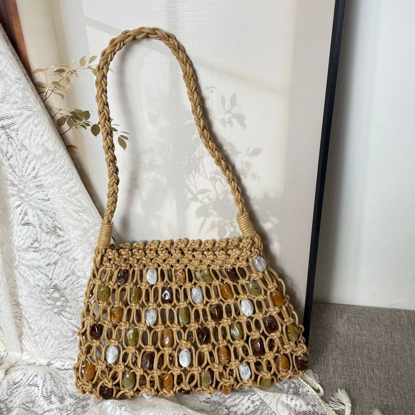 Handgeknüpfte Netztasche mit Dekorativen Perlen Brehn