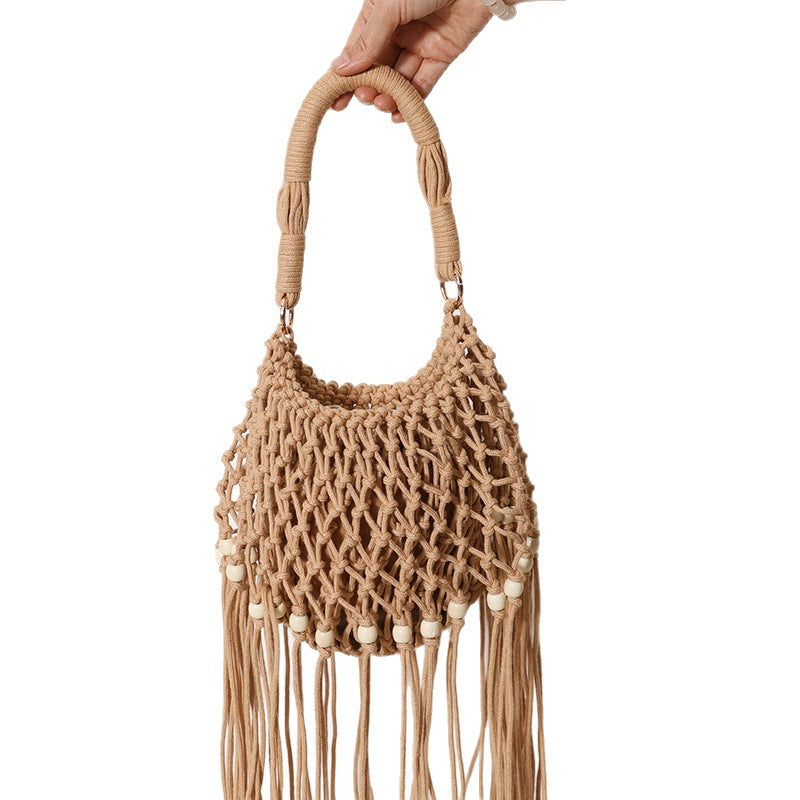 Makramee Tasche mit Dekorativen Fransen und Holzperlen Brehn