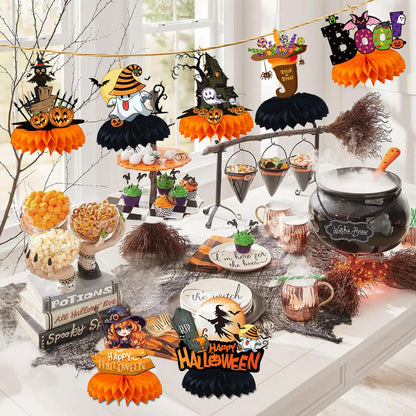 Papier-Halloween Tischdekoration mit dreidimensionalen Wabenmittelstücken