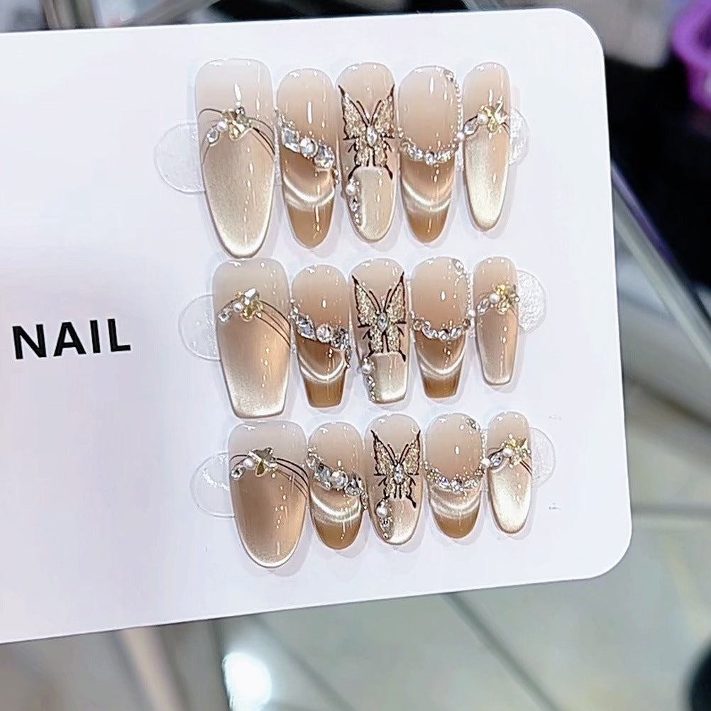 Künstlerisches Schmetterlings- und Perlenverziertes Press-On-Nagelset Brehn