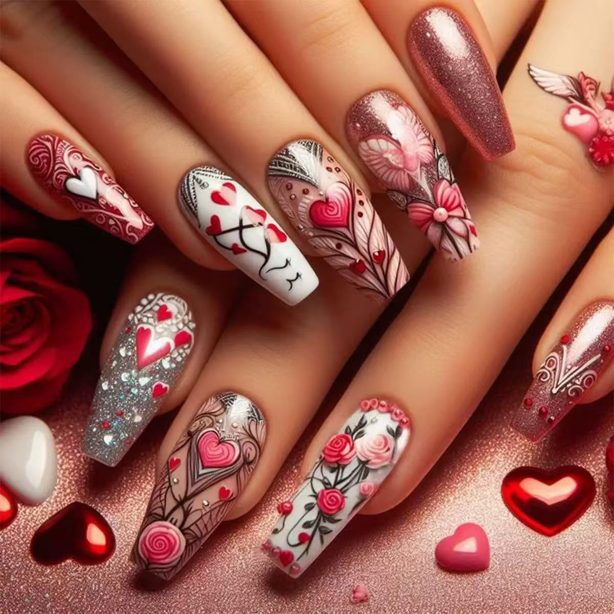 Kunstnagelset mit romantischen Herz- und Blumenmotiven Brehn