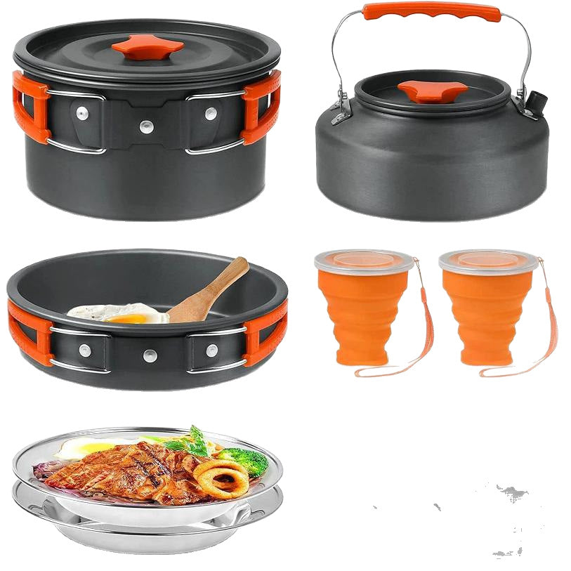 leichtes, antihaftbeschichtetes, anodisiertes Aluminium Campinggeschirrset mit einem Topf und Wasserkocher mit klappbarem Griff, zusammenklappbaren Silikontassen, Edelstahltellern und Besteck Brehn
